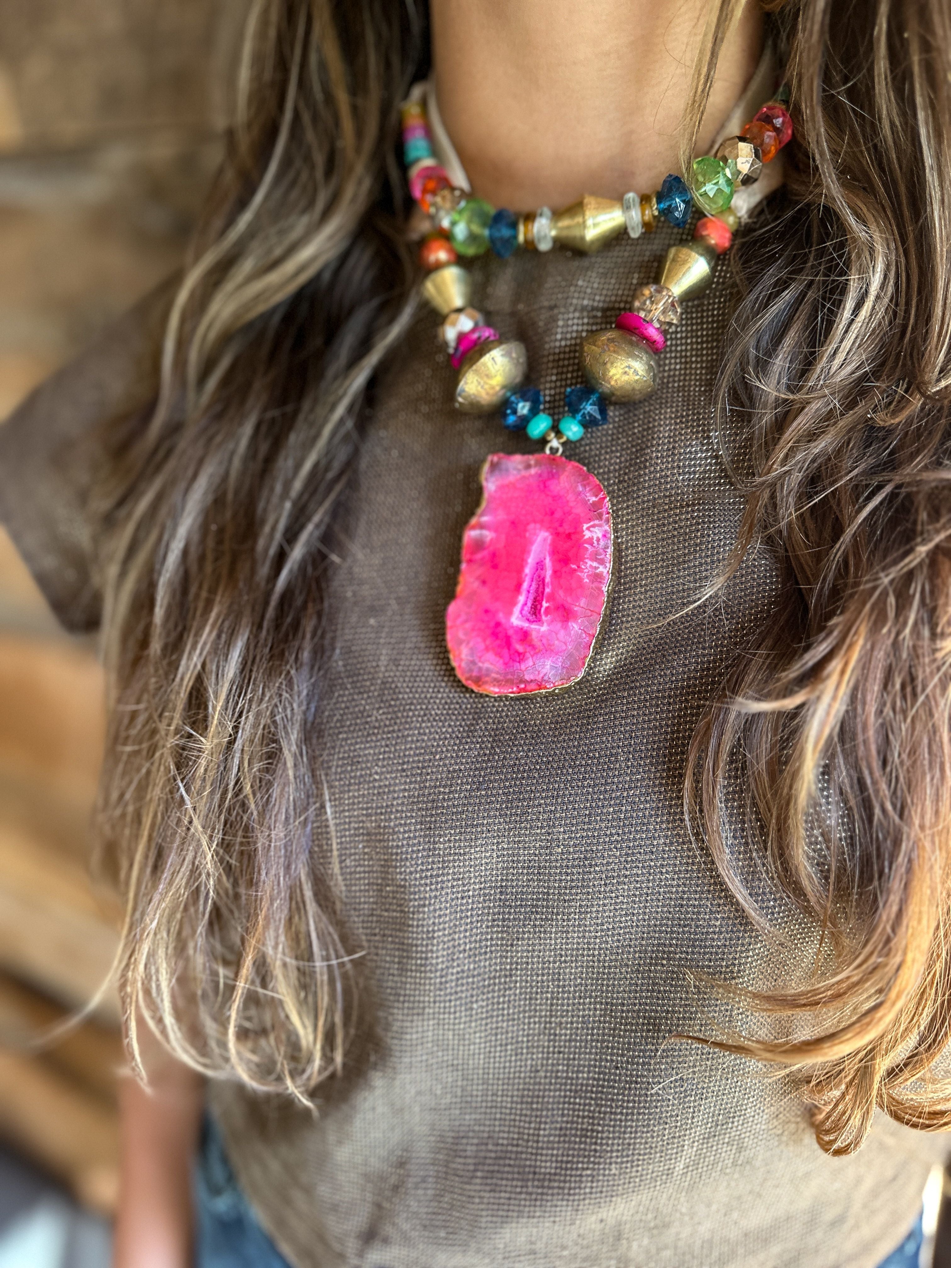 Mid Stone Pendant Necklace | Pink