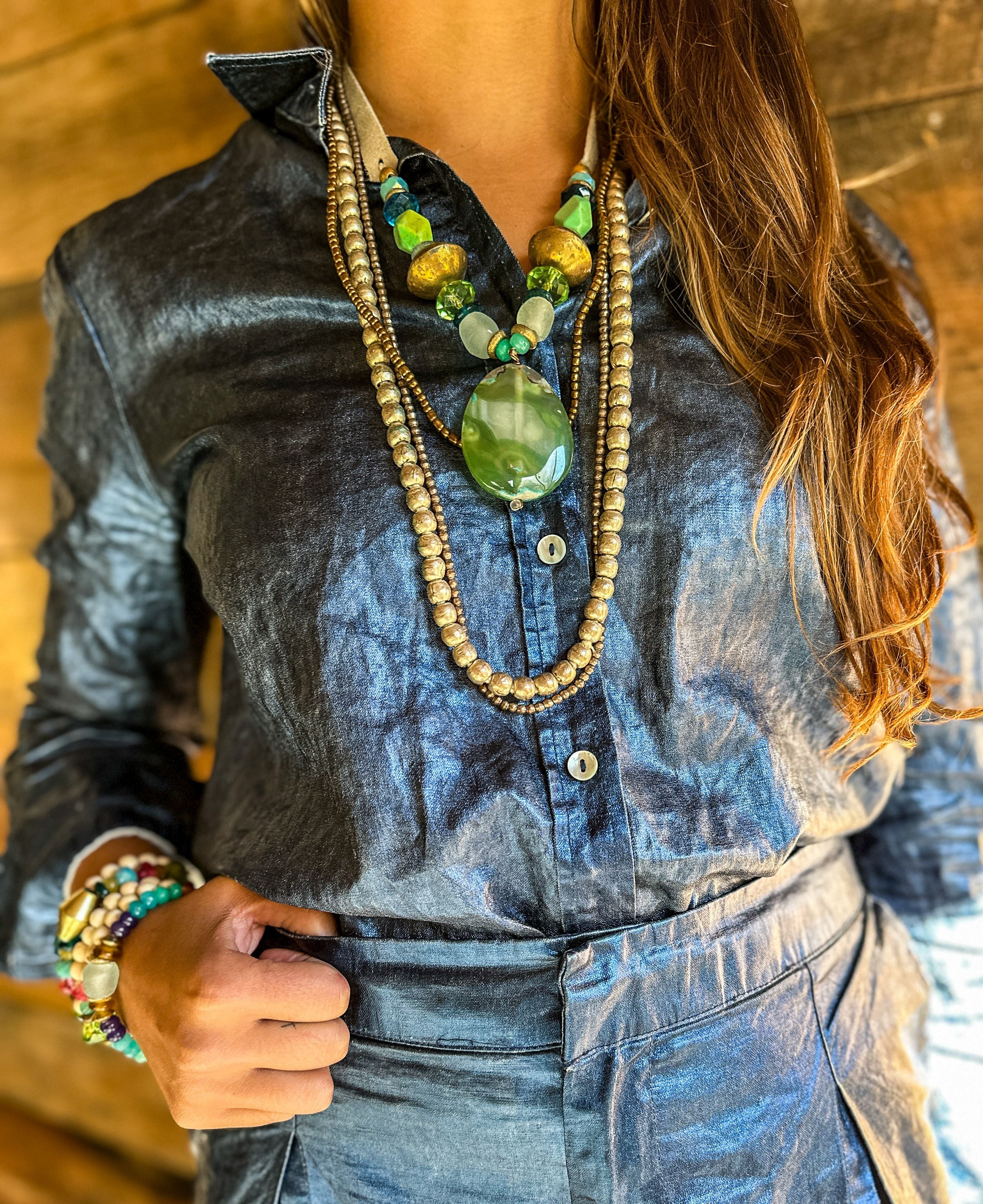 Slim Pendant Necklace | Green + Blue