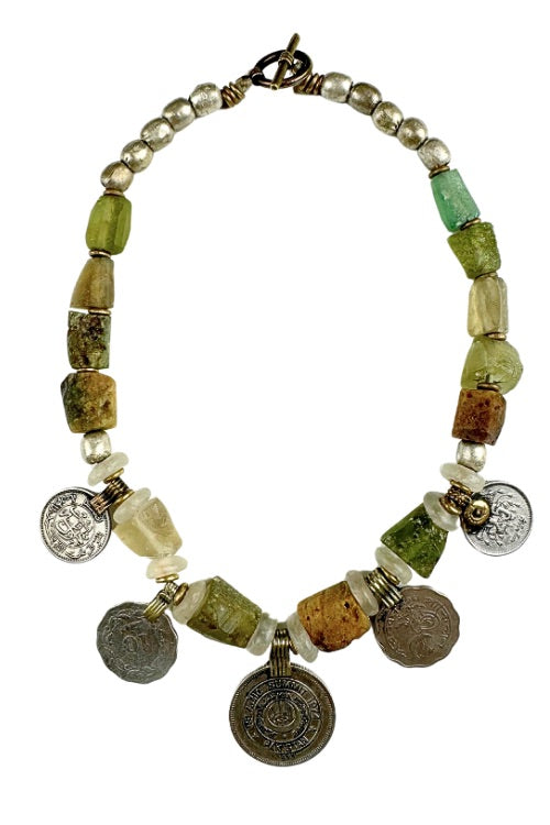 Vintage Glass + Coin Necklace | Green