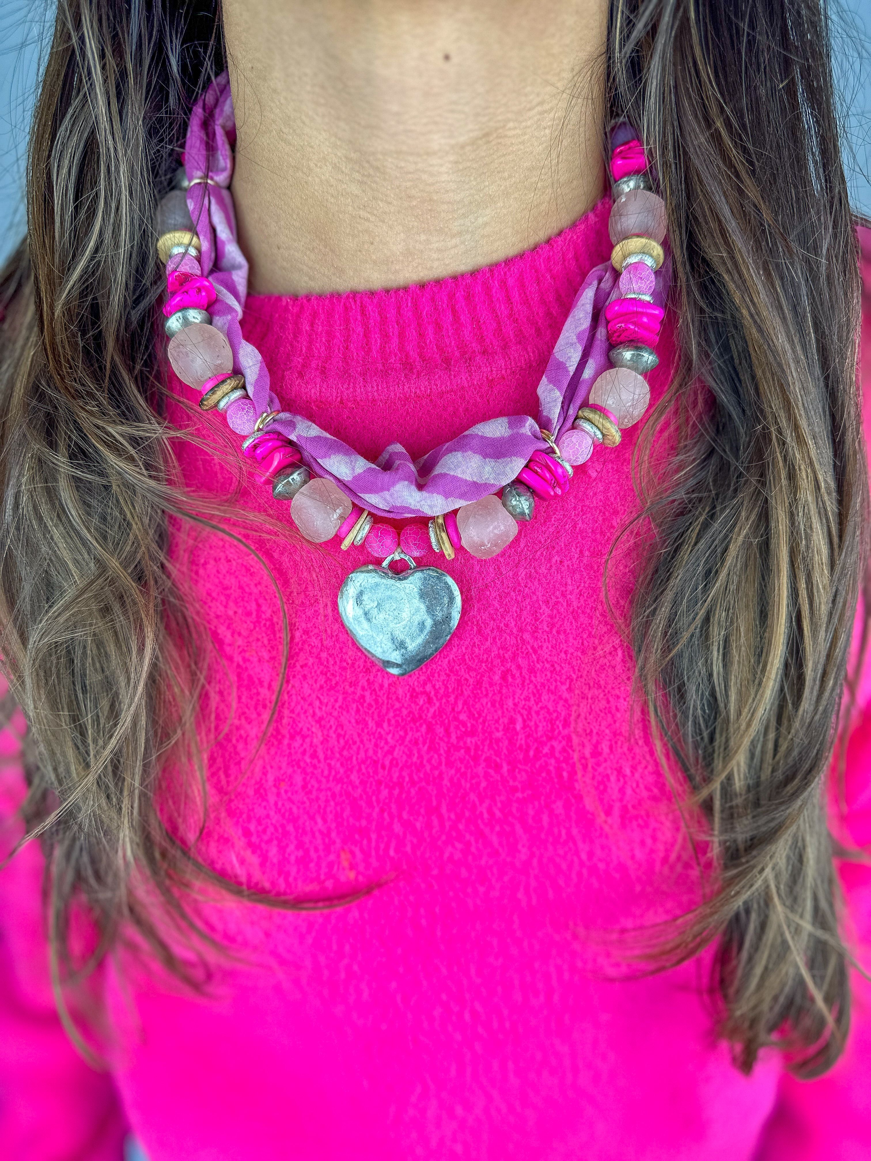 Beaded Bandana Necklace | Hot Pink