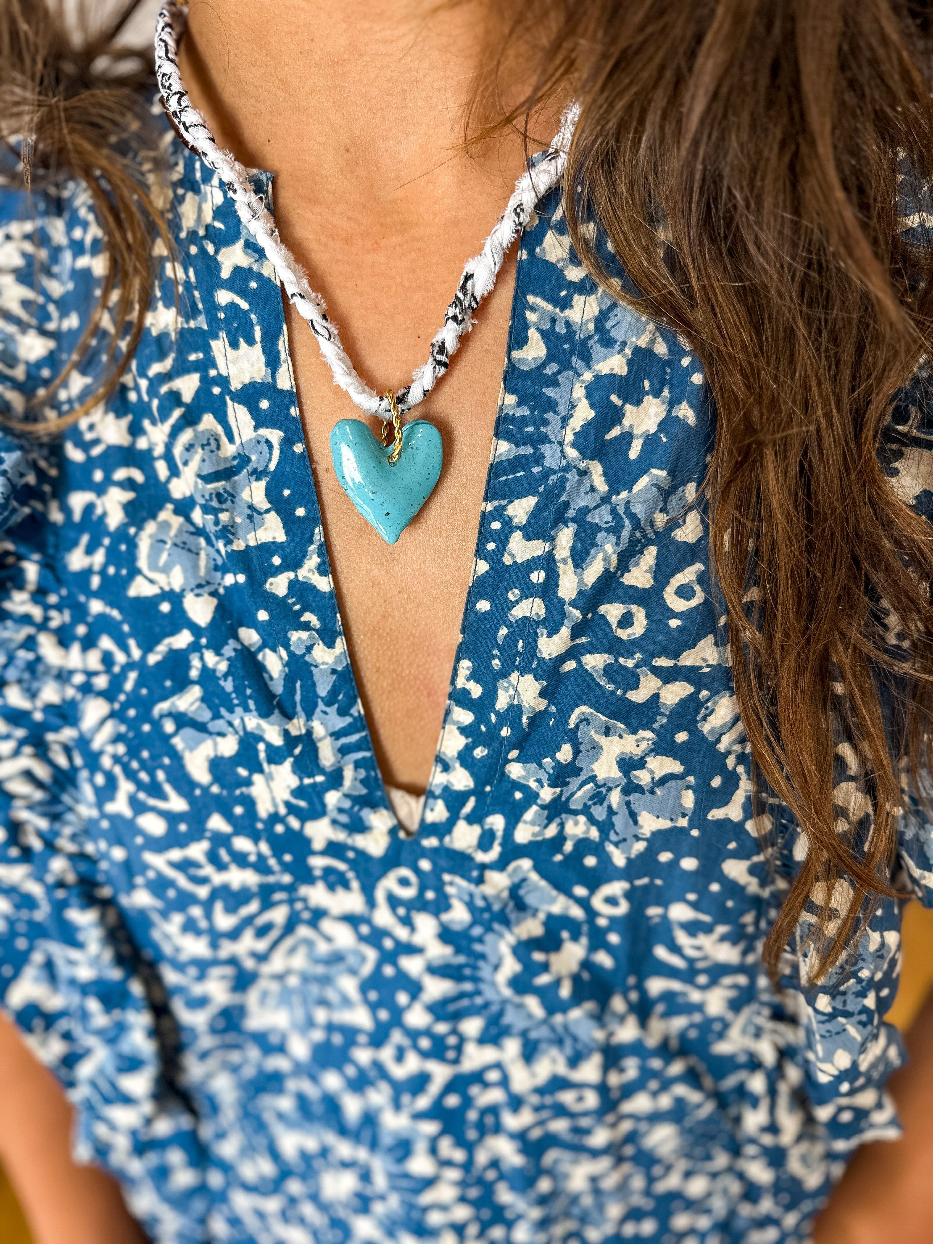 Bandana Heart Necklace | Blue + White